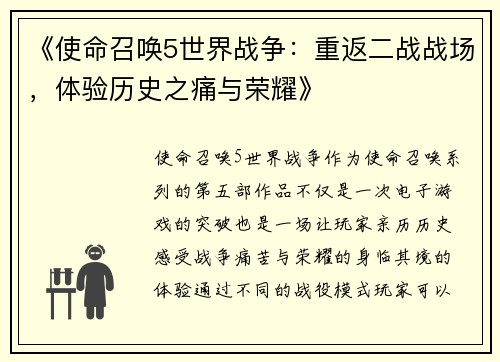 《使命召唤5世界战争：重返二战战场，体验历史之痛与荣耀》