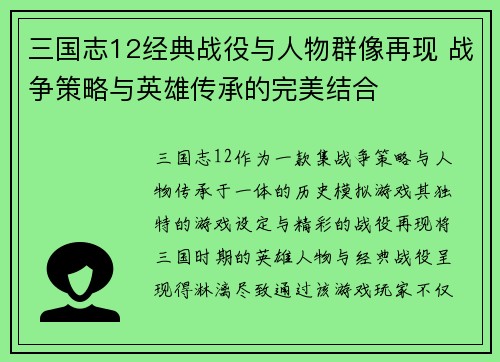 三国志12经典战役与人物群像再现 战争策略与英雄传承的完美结合