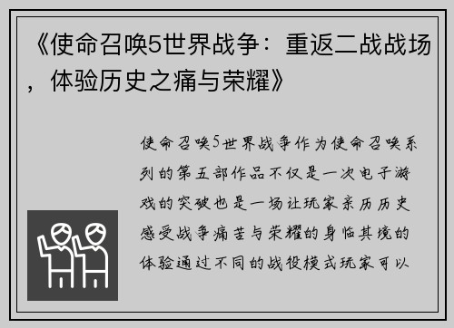 《使命召唤5世界战争：重返二战战场，体验历史之痛与荣耀》