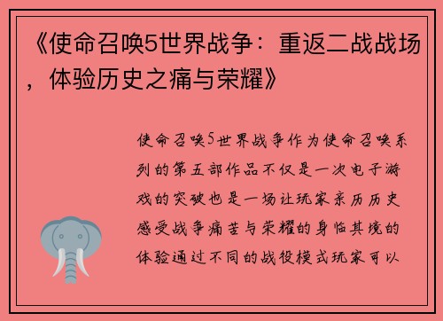 《使命召唤5世界战争：重返二战战场，体验历史之痛与荣耀》