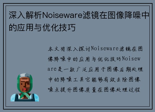 深入解析Noiseware滤镜在图像降噪中的应用与优化技巧